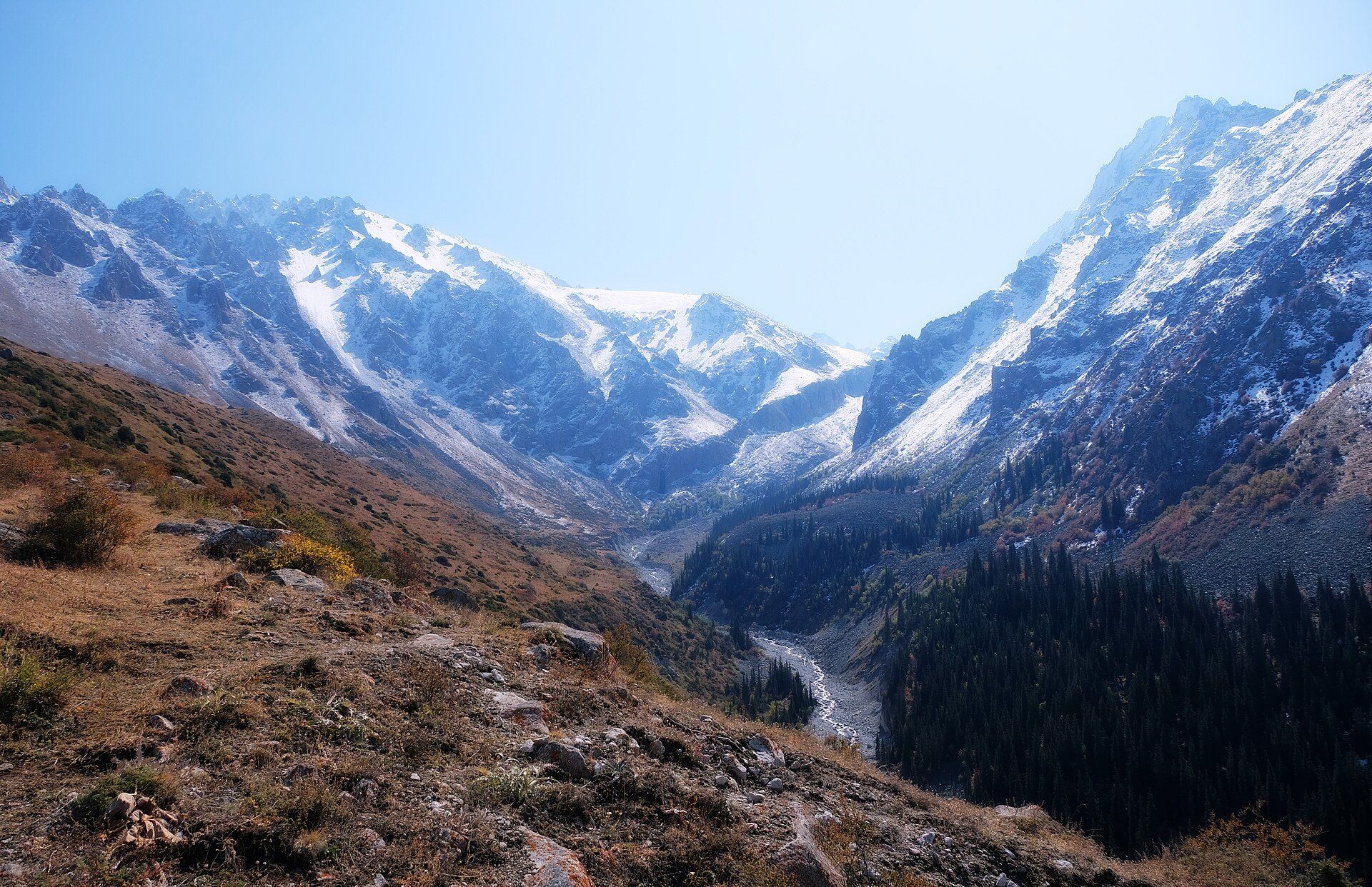 Snow-dusted peaks above the forested Ala-Archa valley in Ala Archa National Park, Kyrgyzstan