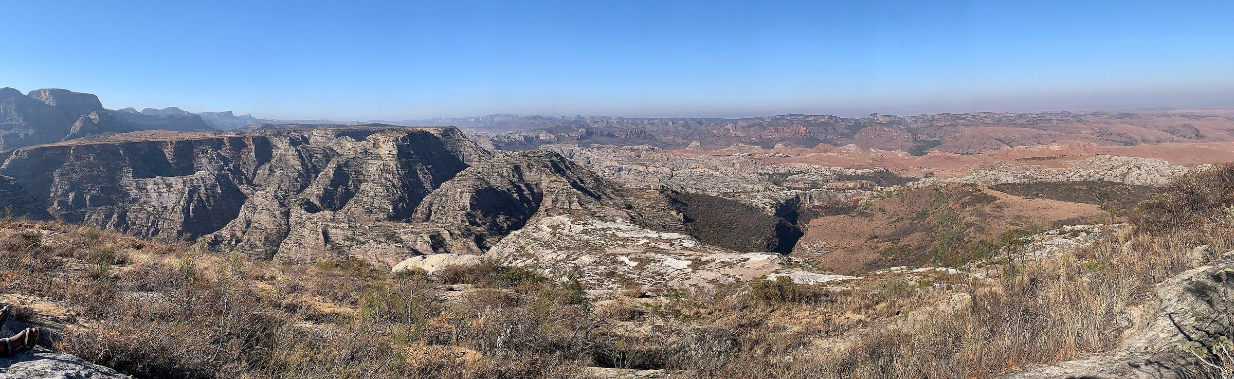 Panorama of eroded sandstone canyons and plateaus in Isalo National Park, Madagascar