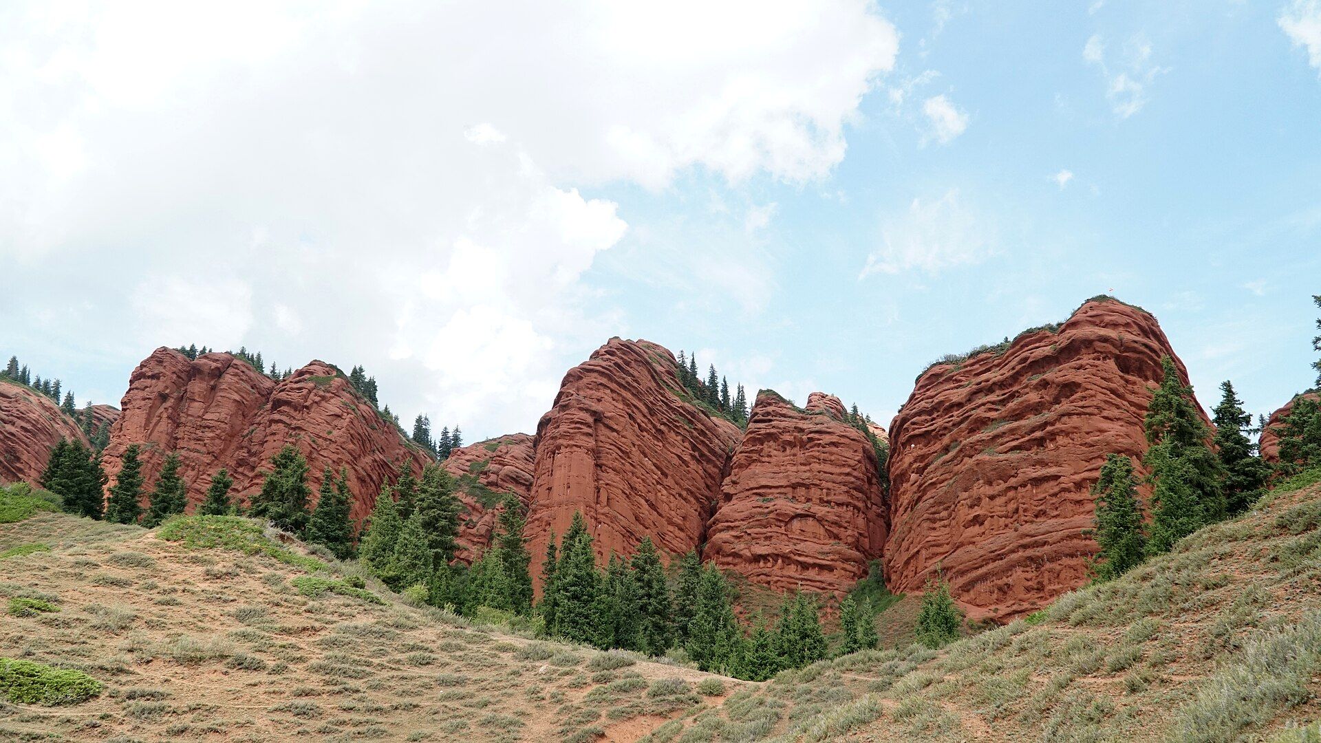 Red conglomerate cliffs of the Jeti-Ögüz Rocks above spruce trees and meadow, Kyrgyzstan