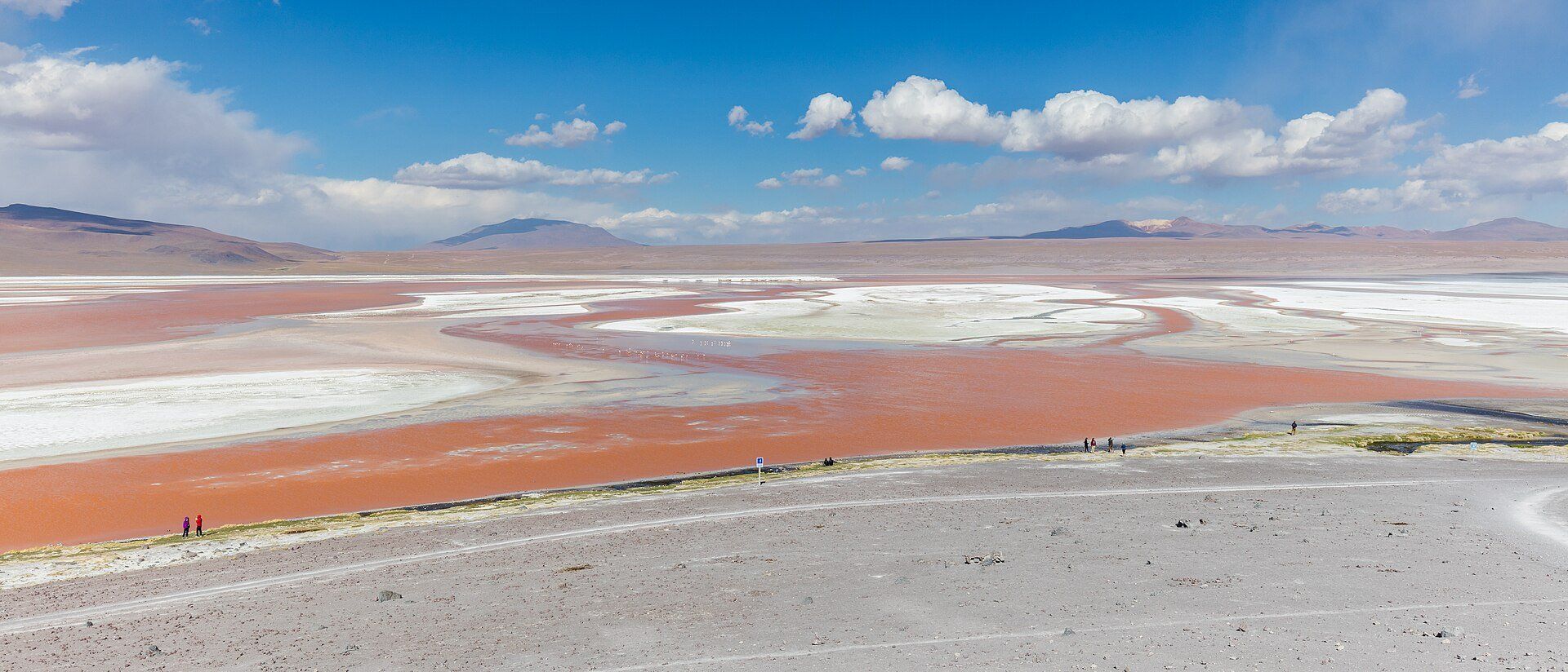 The red and orange waters of Laguna Colorada streaked with white borax flats under a blue sky with distant volcanoes, Bolivia