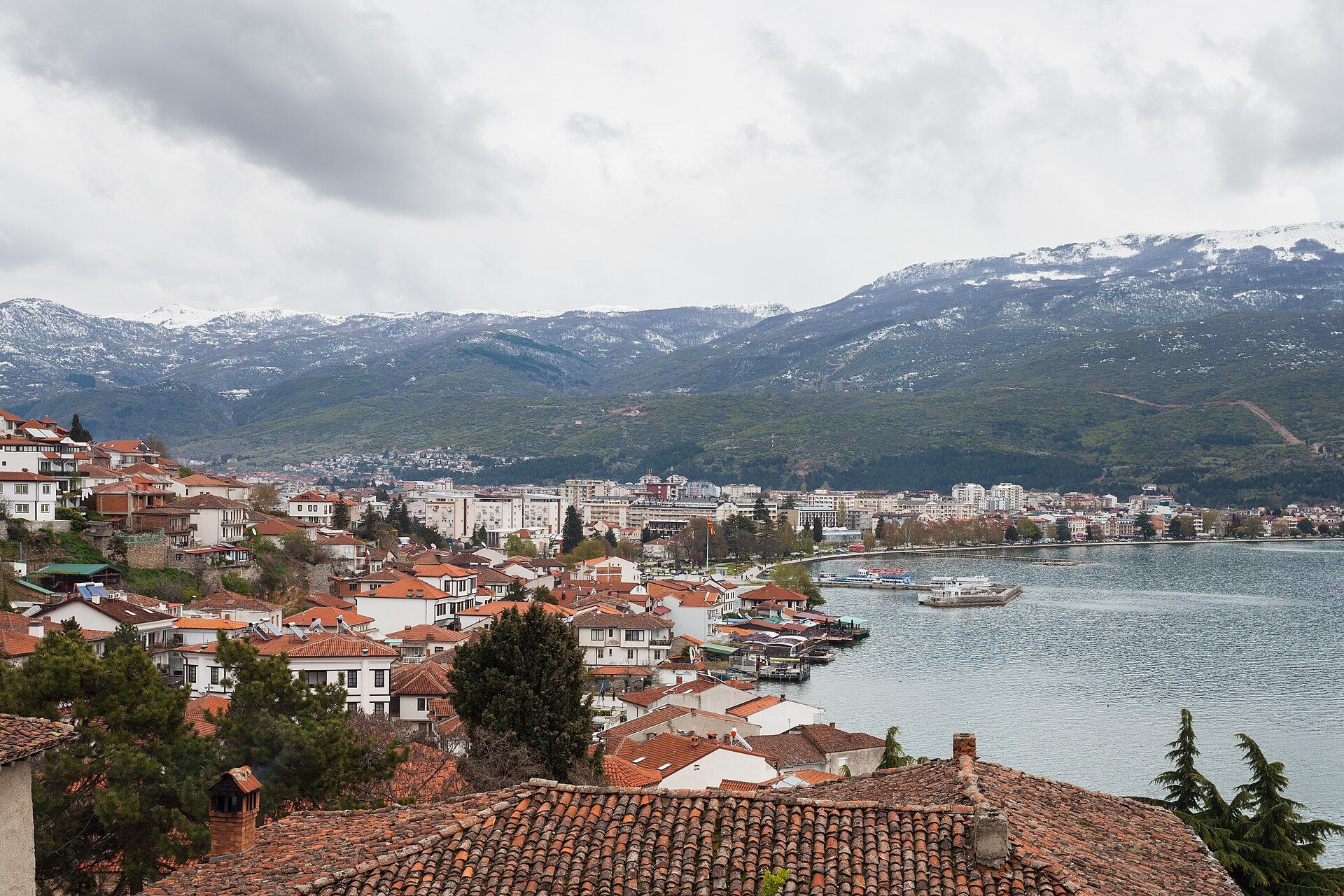 Lake Ohrid with the town of Ohrid on its shore and snow-dusted mountains beyond, North Macedonia