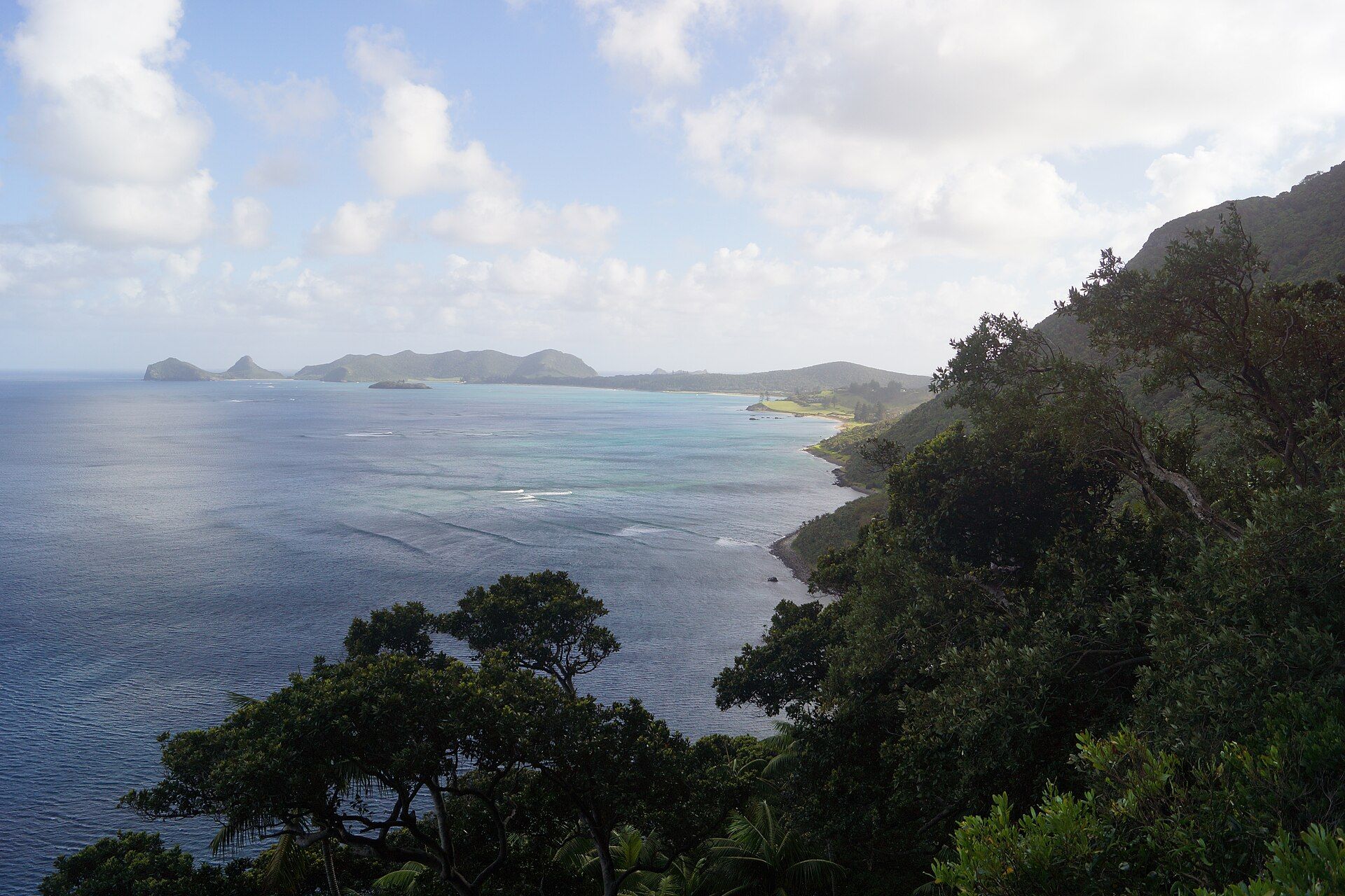 View from the forested slopes of the Mount Gower climb north along Lord Howe Island's west coast, over the blue-green lagoon to the low northern hills and small offshore islets